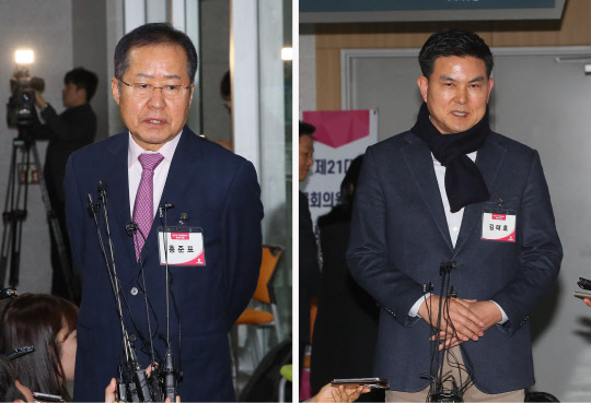 홍준표 전 자유한국당 대표(왼쪽)와 김태호 전 경남지사가 20일 국회 의원회관에서 미래통합당의 제21대 국회의원 예비후보자 면접을 마친 뒤 각각 인터뷰하고 있다.  연합뉴스